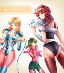  1boy 2girls androgynous andromeda_shun aquila_marin armor ass back bad_id bad_pixiv_id black_leotard blonde_hair blue_eyes blue_leotard bodysuit breastplate breasts chameleon_june circle elbow_gloves fingerless_gloves gloves green_eyes green_hair highres leotard long_hair looking_back mask medium_breasts multiple_girls no_mask odawara_ai orange_hair pantyhose red_hair red_legwear saint_seiya short_hair shoulder_pads thighhighs unworn_mask whip yellow_eyes 