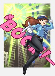  :3 :d belt black_footwear black_pants blue_necktie blue_shirt border breast_pocket brown_eyes brown_hair building collared_shirt commentary_request d.va_(overwatch) dress_shirt eron female female_service_cap finger_gun from_side full_body gloves hat heart highres korean_commentary leg_up long_hair long_sleeves looking_at_viewer national_police_agency_(south_korea) necktie officer_d.va open_mouth outside_border outstretched_arm overwatch overwatch_1 pants pocket police police_uniform policewoman shirt smile solo sound_effects striped striped_necktie uniform v v-shaped_eyebrows white_gloves wing_collar 