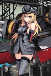  arm_behind_back artist_name bare_shoulders bismarck_(kancolle) blonde_hair blue_eyes breasts commentary_request female gloves hand_on_headwear hat kantai_collection large_breasts long_hair looking_at_viewer machinery military military_hat military_uniform no_pants peaked_cap sekigan solo standing thighhighs uniform 