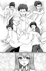  1boy bad_id bad_pixiv_id blush commentary_request facial_hair female fighting_stance greyscale haou_airen lab_coat long_hair makise_kurisu mayu-tan_no_kung_fu_(meme) meme monochrome neta okabe_rintarou parody shima-shuu short_hair standing steins;gate stubble 