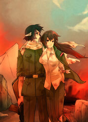  1boy aged_down arm_on_another&#039;s_shoulder bandages belt black_hair blue_eyes breasts brown_eyes brown_hair cloud commentary_request female gun hyoubu_kyousuke jacket jacket_on_shoulders large_breasts long_hair military military_uniform pants ponytail rifle rimorimo scarf short_hair sky the_unlimited:_hyoubu_kyousuke torn_clothes tsubomi_fujiko uniform weapon zettai_karen_children 