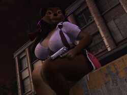  2016 3d_(artwork) 4:3 anthro bear big_breasts biped black_hair blx24 bottomwear breasts brown_body brown_fur building cleavage clothed clothing digital_media_(artwork) female fur gun hair handgun hi_res long_hair m9 mammal night outside pistol plant ranged_weapon red_eyes shirt shotgun sitting skirt sky solo thick_thighs topwear tree weapon 