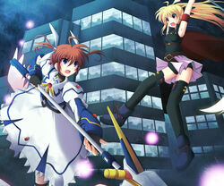  2girls armband armpits arms_up bardiche_(nanoha) bardiche_(scythe_form)_(nanoha) battle belt black_socks black_thighhighs blonde_hair blue_eyes brown_hair buckle building commentary_request cross_(crossryou) dress duel energy_ball fate_testarossa fate_testarossa_(movie_1st_form) fingerless_gloves gloves hair_between_eyes hair_ribbon holding holding_weapon leotard long_hair long_sleeves lyrical_nanoha magical_girl mahou_shoujo_lyrical_nanoha mahou_shoujo_lyrical_nanoha_the_movie_1st miniskirt multiple_girls night open_mouth outdoors pink_skirt raising_heart raising_heart_(cannon_mode) red_eyes ribbon skirt sleeveless socks staff takamachi_nanoha takamachi_nanoha_(movie_1st_mode) thighhighs twintails two-handed weapon white_dress 