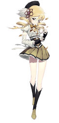  blonde_hair boots brown_eyes comiccho commentary_request cup detached_sleeves drill_hair female fingerless_gloves full_body gloves hat highres knee_boots leaf long_hair long_legs mahou_shoujo_madoka_magica mahou_shoujo_madoka_magica_(anime) miniskirt no_legwear photoshop_(medium) plate skirt solo teacup tomoe_mami tomoe_mami_(magical_girl) twin_drills twintails 