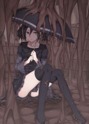  bad_id bad_pixiv_id black_hair black_panties black_skirt black_thighhighs chocolate female heisei_yutorin highres liquid original panties pantyshot pink_eyes short_hair sitting skirt solo thighhighs twintails umbrella underwear upskirt 