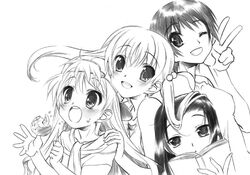  4girls :d :o blush book bow commentary_request forehead greyscale grin hair_bobbles hair_ornament hairbow izawa_maho kareshi_kanojo_no_jijou long_hair monochrome multiple_girls one_eye_closed open_book open_mouth photoshop_(medium) reading sakura_tsubaki scarf sena_rika senomoto_hisashi shibahime_tsubasa short_hair simple_background smile twintails v 