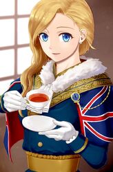  ascot azur_lane bad_id bad_pixiv_id blonde_hair blue_capelet blue_eyes capelet cup earrings female fur_collar gloves hair_over_shoulder highres hood_(azur_lane) jewelry long_hair pazuzu438 pearl_earrings smile solo tea teacup union_jack white_gloves 