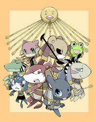  3girls 5boys animal_ears animal_head ankh anubis_(mythology) aten_(mythology) bad_id bad_pixiv_id bastet_(mythology) black_eyes blue_eyes cat_ears chibi closed_eyes crocodile crocodilian egyptian egyptian_clothes egyptian_mythology frog green_eyes heqet_(mythology) heryshaf_(mythology) ikuchi_osutega instrument jackal jackal_ears jackal_tail lion lion_ears maahes_(mythology) multiple_boys multiple_girls oerba_yun_fang open_mouth original purple_eyes red_eyes sekhmet_(mythology) set_(mythology) sharp_teeth sheep sistrum sobek_(mythology) staff sun_symbol tail teeth yellow_eyes 