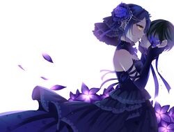  1boy bare_shoulders black_hair blindfold blood blood_on_face blue_dress blue_flower blue_hair blue_rose bow commentary_request death dress earrings elbow_gloves female flower gloves hair_ornament hand_on_another&#039;s_face hayami_kanade highres idolmaster idolmaster_cinderella_girls jewelry lace light_smile looking_at_another parted_lips petals producer_(idolmaster) producer_(idolmaster_cinderella_girls_anime) ribbon rose severed_head short_hair simple_background straight wemu_(ivycrown) yandere yellow_eyes 