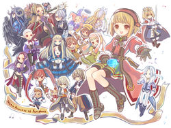  6+boys 6+girls animat_(antiphona) annotated antiphona_no_seikahime asarat_(antiphona) auros_(antiphona) blonde_hair boots bow bowtie brown_hair cape character_request clara_dorfer clef_(antiphona) commentary_request copyright_name creature crowdia crown dalsenyo_(antiphona) everyone freesia_(antiphona) gao_(rhapsody) glinda_(antiphona) green_eyes green_skirt highres homeros_(antiphona) horns ignatius_(antiphona) knee_boots lily_dorfer long_hair mafmof_(antiphona) marjoly marl_kingdom miabell_dorfer multiple_boys multiple_girls musical_note myao_(marl_kingdom) nyanko_(marl_kingdom) pachika_(antiphona) pink_eyes pointy_ears purple_hair red_hair rento_(antiphona) rhapsody short_hair shorts shorts_under_skirt skirt smile sophia_rampart_marl staff sword torii_sumi twintails violon_(antiphona) weapon white_hair 