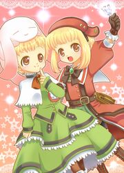  2girls :d antiphona_no_seikahime arm_up blonde_hair bow bowtie brown_eyes clara_dorfer coat creature dress finger_to_mouth gloves green_dress kairi_(oro-n) miabell_dorfer multiple_girls open_mouth pink_background rento_(antiphona) shawl short_hair siblings sisters smile star_(symbol) 