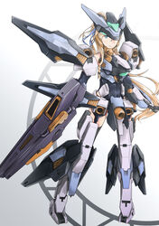  armor ayato_mabu baselard_(frame_arms) beam_cannon blonde_hair blue_eyes commentary_request female frame_arms hair_ribbon headgear highres long_hair mecha_musume personification photoshop_(medium) ribbon robot solo very_long_hair 