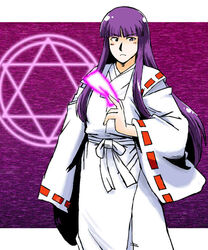  azuki_osamitsu commentary_request female hexagram japanese_clothes long_hair magic_circle miko ofuda purple_eyes purple_hair silent_moebius solo yamigumo_nami 