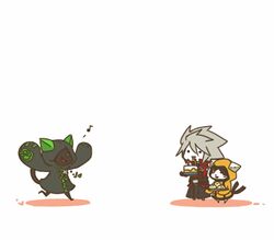  2boys blazblue cake cat_tail chibi commentary_request cosplay eyepatch feline female food grey_hair jubei_(blazblue) lowres multiple_boys ragna_the_bloodedge short_hair sueyoshi tail taokaka taokaka_(cosplay) yuuki_terumi 