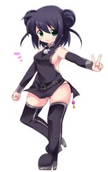  :o apple_inc. bad_id bad_pixiv_id black_hair breasts cellphone double_bun female green_eyes hair_bun iphone medium_breasts meiro_(yuu) original personification phone short_hair sideboob smartphone solo thighhighs v 