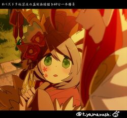  1boy ahoge anime_coloring antler_ornament antlers bad_id bad_pixiv_id bell blurry blush brown_hair depth_of_field facial_mark female flower fur_trim grass green_eyes hair_flower hair_ornament hair_up holding horns japanese_clothes jingle_bell kano_(p&amp;d) kimono long_hair looking_at_another looking_up oil-paper_umbrella open_mouth outdoors puzzle_&amp;_dragons red_eyes red_hair ribbon short_hair takeminakata_(p&amp;d) translated twitter_username umbrella yamanashi_taiki 