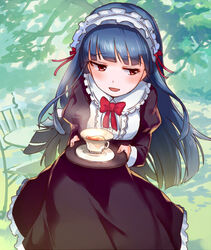  alternate_costume blue_hair commentary_request cup dress enmaided female idolmaster idolmaster_cinderella_girls long_hair maid maid_headdress nemeko open_mouth red_eyes sajo_yukimi smile teacup 