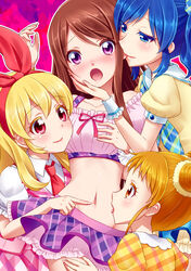  4girls :o aikatsu! aikatsu!_(series) arisugawa_otome bad_id bad_pixiv_id biting blonde_hair blue_eyes blue_hair blush brown_eyes brown_hair ear_biting girl_sandwich hair_ribbon hand_on_another&#039;s_cheek hand_on_another&#039;s_face hand_on_leg hoshimiya_ichigo kiriya_aoi long_hair looking_at_viewer midriff multiple_girls navel navel_focus open_mouth photoshop_(medium) plaid plaid_skirt poking purple_eyes red_eyes ribbon sandwiched shibuki_ran skirt smile spread_navel tongue tongue_out yuri yuu_(derodero) 