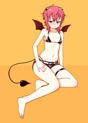  :/ ahoge bare_shoulders barefoot bikini bikini_top_only blush breasts closed_mouth collarbone commentary_request demon_girl demon_horns demon_tail demon_wings eron fang_out female frown full_body groin hair_between_eyes hand_on_own_thigh highres horns korean_commentary looking_at_viewer messy_hair navel nose_blush oerba_yun_fang orange_background original pink_bikini pink_shorts pointy_ears red_eyes red_hair red_wings short_hair_with_long_locks short_shorts shorts sitting small_breasts solo sweat swimsuit tail thigh_strap wings 