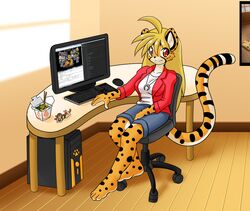  4_toes amber_eyes anthro barefoot big_breasts blonde_hair bottomwear breasts cheetah clothed clothing computer electronics feet felid feline female fur hair long_hair mammal mihari nekonny orange_body orange_fur plantigrade shirt shorts smile solo spots toes topwear white_body white_fur yellow_body yellow_fur 