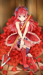  apple bad_id bad_pixiv_id boots bow female food fruit gyoe hairbow knee_boots long_hair mahou_shoujo_madoka_magica mahou_shoujo_madoka_magica_(anime) polearm red_eyes red_hair sakura_kyoko sakura_kyoko_(magical_girl) solo spear thighhighs weapon 