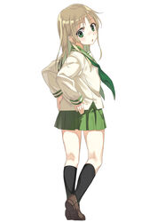  :o alternate_color alternate_eye_color alternate_hair_color bad_id bad_pixiv_id black_socks blonde_hair brown_footwear crazyzoe female from_behind full_body fushimi_inari green_eyes green_skirt highres inari_konkon_koi_iroha. kneehighs long_hair long_sleeves looking_back school_uniform serafuku shoes skirt socks solo standing white_background 