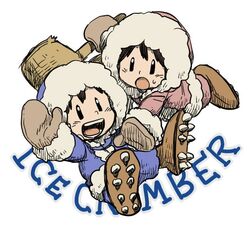  1boy boots brown_hair cleats commentary_request copyright_name facial_mark falling female gloves hammer ice_climber nana_(ice_climber) open_mouth oto parka popo_(ice_climber) simple_background smile solid_oval_eyes sweatdrop whisker_markings white_background 