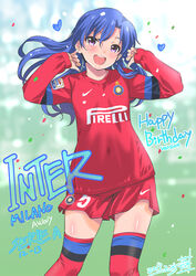  :d birthday blue_hair blush clothes_writing confetti covered_navel dated fc_internazionale_milano female flat_chest hair_flip happy_birthday heart idolmaster idolmaster_(classic) inoue_sora italian_text italy kisaragi_chihaya long_hair long_sleeves nike_(company) open_mouth photoshop_(medium) purple_eyes red_thighhighs revision serie_a shorts signature smile soccer soccer_uniform solo sportswear sweat thighhighs 