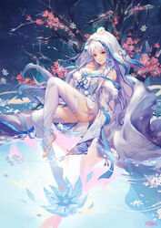  anklet arm_at_side artist_name ass atdan bangs barefoot barefoot_sandals blue_flower blue_hair blue_ribbon breasts cleavage eyebrows_visible_through_hair flower full_body fur_trim gradient_hair hair_ornament hand_in_hair highres ice in_tree japanese_clothes jewelry kimono knee_up leaning_back leg_up long_hair long_sleeves looking_at_viewer medium_breasts miracle_nikki multicolored_hair necklace obi object_on_head off_shoulder parted_bangs parted_lips petals pink_flower plantar_flexion pom_pom_(clothes) purple_hair ribbon ripples sash silver_hair sitting smile snow snow_bunny snowflake_hair_ornament snowflakes snowing soaking_feet solo tassel toe_ring toeless_legwear tree veil very_long_hair water white_hair white_kimono white_legwear wide_sleeves yellow_eyes yukihime_(miracle_nikki) 