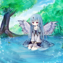  amakaze_sora blue_hair commentary_request dress female horns long_hair nature pixiv_fantasia pixiv_fantasia_5 red_eyes single_horn sitting solo tree water wings 