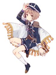  1boy adjusting_clothes adjusting_headwear bad_id bad_pixiv_id blush brown_hair cape full_body hat maeda_toushirou male_focus military military_uniform necktie shorts simple_background smile solo touken_ranbu uniform utsunomiya_hetaru white_background 