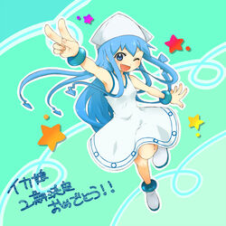  blue_eyes blue_hair commentary_request dress female hat ikamusume kikori long_hair one_eye_closed perspective shinryaku!_ikamusume solo star_(symbol) tentacle_hair v 