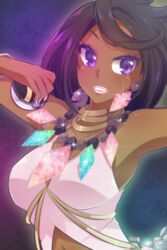  aqua_nails artist_name bare_shoulders black_hair bracelet breasts cleavage collarbone dark-skinned_female dark_skin diamond_(shape) earrings female fingernails gem grin heart holding holding_poke_ball jewelry long_fingernails looking_away looking_to_the_side medium_breasts nail_polish navel neck_ring necklace olivia_(pokemon) pink_lips pink_shirt pinny poke_ball pokemon pokemon_sm purple_eyes shirt short_hair smile solo sparkle tank_top ultra_ball upper_body 