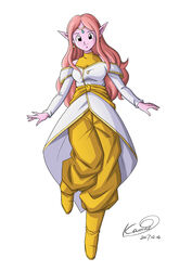  bare_shoulders boots dated deity dragon_ball dragon_ball_heroes dragon_ball_xenoverse earrings female female full_body karoine long_hair pink_skin pointy_ears shiny smile supreme_kai_of_time 