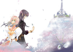  1boy ahoge black_eyes black_hair bracelet castle coat commentary_request dafne dress estellise_sidos_heurassein female flower gloves green_eyes grey_hair jewelry long_hair multicolored_hair photoshop_(medium) pink_hair short_hair sidelocks tales_of_(series) tales_of_vesperia yuri_lowell 