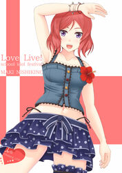  :d arm_on_own_head arm_up armpits bracelet bridal_garter character_name commentary_request copyright_name corsage female flower heart jewelry layered_skirt love_live! love_live!_school_idol_project navel nishikino_maki open_mouth panties panty_straps polka_dot polka_dot_skirt purple_eyes red_hair sano_souichi short_hair side-tie_panties skirt smile solo underwear 