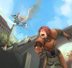  2boys 3girls armor barding cape day fire_emblem fire_emblem:_radiant_dawn gloves hairband hanakago looking_up makalov_(fire_emblem) marcia_(fire_emblem) multiple_boys multiple_girls pegasus running short_hair siblings sky sweatdrop 