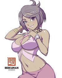  artist_name bare_shoulders black_eyes black_hair bokuman bracelet breasts cleavage closed_mouth commentary_request covered_nipples crop_top dark-skinned_female dark_skin diamond_(shape) earrings female gem groin jewelry large_breasts midriff navel neck_ring necklace olivia_(pokemon) pink_lips pink_shirt pokemon pokemon_sm purple_shorts shirt short_hair shorts simple_background smile solo tank_top white_background 