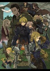  agrias_oaks alma_beoulve animal argath_thadalfus armor armored_boots bad_id bad_pixiv_id bird blonde_hair blue_sky book boots braid breastplate brown_eyes brown_hair building bush cape cidolfus_orlandeau clenched_hands cloak cloud cloud_strife cloudy_sky day degite delita_heiral final_fantasy final_fantasy_tactics flying full_body gloves grass hand_in_own_hair holding holding_sword holding_weapon hood hooded_cloak house isilud_tengille knight long_hair looking_at_viewer meliadoul_tengille multiple_boys mustadio_bunansa orran_durai outdoors ovelia_atkascha plant ramza_beoulve rock short_hair shoulder_spikes single_braid sky spikes standing sword very_long_hair weapon 