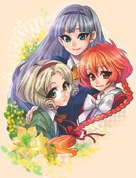  3girls blazer blonde_hair blue_eyes blue_hair braid checkered coga commentary_request curly_hair flower friends glasses green_eyes hairband hand_on_another&#039;s_shoulder hououji_fuu jacket long_hair magic_knight_rayearth multiple_girls photoshop_(medium) red_eyes red_hair round_eyewear ryuuzaki_umi shidou_hikaru simple_background single_braid 