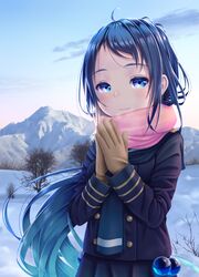  ahoge bare_tree blue_eyes blue_hair blush brown_gloves closed_mouth cloud coat commentary_request day enpera female gloves gradient_hair hane_yoshiyumi highres kantai_collection long_hair long_sleeves looking_at_viewer mountain multicolored_hair outdoors own_hands_together pink_scarf samidare_(kancolle) scarf sky smile snow solo swept_bangs tree very_long_hair winter winter_clothes 