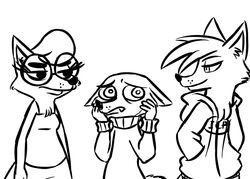  2016 alternate_species anthro black_and_white canid canine chest_tuft clothed clothing cute_fangs disney eye_contact eyewear fan_character female fox glasses group hand_in_pocket hand_on_face hands_in_both_pockets hoodie hugh_muskroura inkyfrog looking_at_another male mammal maxine_d&#039;lapin monochrome percy_vison pockets simple_background smile topwear tuft white_background zootopia 