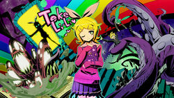  1boy 2girls aqua_hair blonde_hair book cthulhu_mythos green_eyes hair_ornament hair_ribbon hairclip hatsune_miku highres kagamine_len kagamine_rin koi_no_hihou_wa_necronomicon_(vocaloid) maxgonta monster multiple_girls necronomicon photoshop_(medium) ribbon shoggoth short_hair skirt smile tentacle twintails vocaloid 