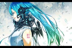  android blue_eyes blue_hair commentary_request female hatsune_miku highres kippeijii letterboxed long_hair necktie photoshop_(medium) solo vocaloid 