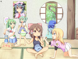  5girls :d all_fours alternate_costume ascot barefoot blonde_hair blue_eyes blue_hair blush bow braid breasts brown_hair casual cirno commentary_request contemporary crawling crying daiyousei drawing_(object) dress dying eating fairy_wings food food_theft frog_hair_ornament green_hair hair_ornament hair_tubes hairbow hakurei_reimu ice ice_shaver ice_wings indian_style izayoi_sakuya kirisame_marisa kochiya_sanae medium_breasts melting miniskirt multiple_girls mushroom nameko_(osawari_tantei) nitizyo open_mouth own_hands_clasped own_hands_together ponytail poster_(object) puffy_short_sleeves puffy_sleeves purple_eyes red_eyes remilia_scarlet round_window shaved_ice shirt short_sleeves shorts side_ponytail single_braid sitting skirt smile snake spoon sweatdrop t-shirt tank_top tatami themed_object toes touhou undershirt wind_chime window wings 