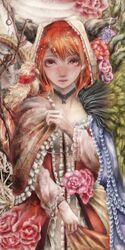  bad_id bad_pixiv_id bird bracelet cloth clothes_grab eyelashes female flower frills highres hogecomhoge hood horns jewelry looking_at_viewer maou_(maoyuu) maoyuu_maou_yuusha necklace orange_hair parrot red_eyes rose solo 