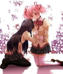  2girls akemi_homura black_hair commentary_request juugatsu_porte kaname_madoka kneeling long_hair mahou_shoujo_madoka_magica mahou_shoujo_madoka_magica_(anime) mitakihara_school_uniform multiple_girls pantyhose pink_eyes pink_hair school_uniform short_twintails thighhighs twintails white_thighhighs 