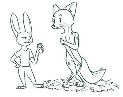  2016 anthro barefoot canid canine clothed clothing covering covering_chest covering_crotch covering_self disney duo electric_razor feet female fox green_and_white hand_on_hip holding_object judy_hopps knock-kneed lagomorph leporid male mammal monochrome nick_wilde nude pigeon_toed rabbit razor red_fox shaved_pussy sheared simple_background standing tggeko tools true_fox white_background zootopia 