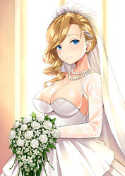  absurdres azur_lane backlighting bare_shoulders bead_necklace beads blonde_hair blue_eyes blush bouquet breasts bridal_veil chinese_commentary collarbone commentary_request cowboy_shot curly_hair detached_sleeves dress female flower hair_over_shoulder highres holding holding_bouquet hood_(azur_lane) hood_(rosey_love_poem)_(azur_lane) indoors jewelry large_breasts long_hair looking_at_viewer necklace official_alternate_costume parted_lips photoshop_(medium) ringlets shitou_(1992116210) smile solo teeth veil wedding_dress white_flower window 