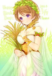  armlet bare_shoulders bracelet brown_hair character_name commentary_request corset dated female greco-roman_clothes happy_birthday isao_(wasamoti) jewelry koizumi_hanayo love_live! love_live!_school_idol_festival love_live!_school_idol_project necklace olive_wreath purple_eyes rice roman_clothes see-through sheaf short_hair smile solo swept_bangs wheat 